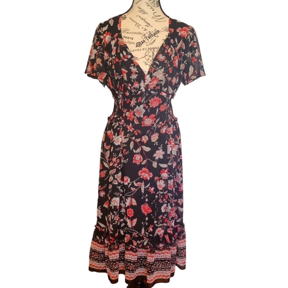 Max Studio Women's Pink and Black Flutter Sleeve Floral Midi Dress size M